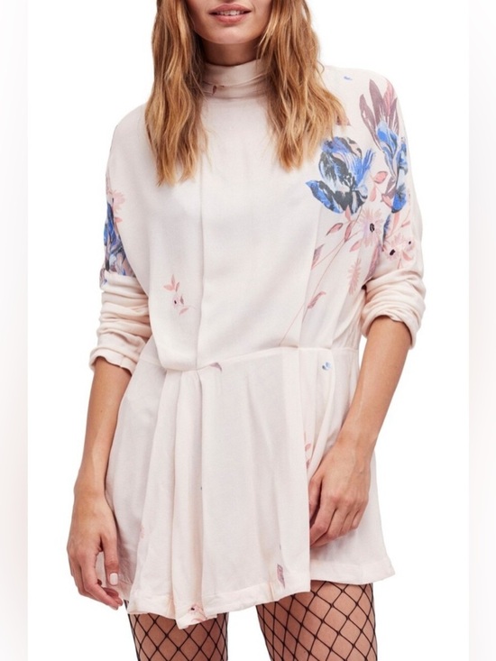 Free People Pants - Free People Gemma Ivory Tunic Mini Dress Floral Multi Mock Neck Open Back